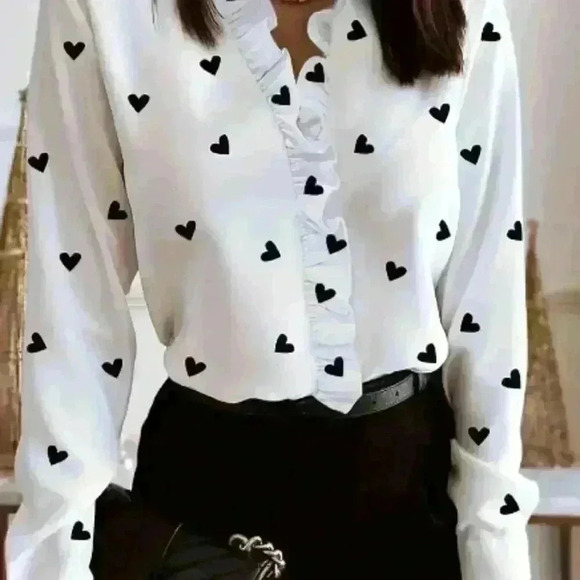 White Heart Print Ruffle Trim Elegant V Neck Long Sleeve Blouse XXL/14 - Picture 1 of 7